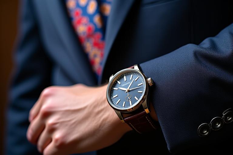 Pormenor de acessórios masculinos: gravata de seda e relógio de luxo.