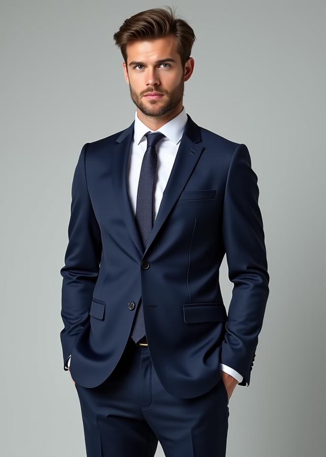 Homem em fato de negócio azul-marinho slim fit.