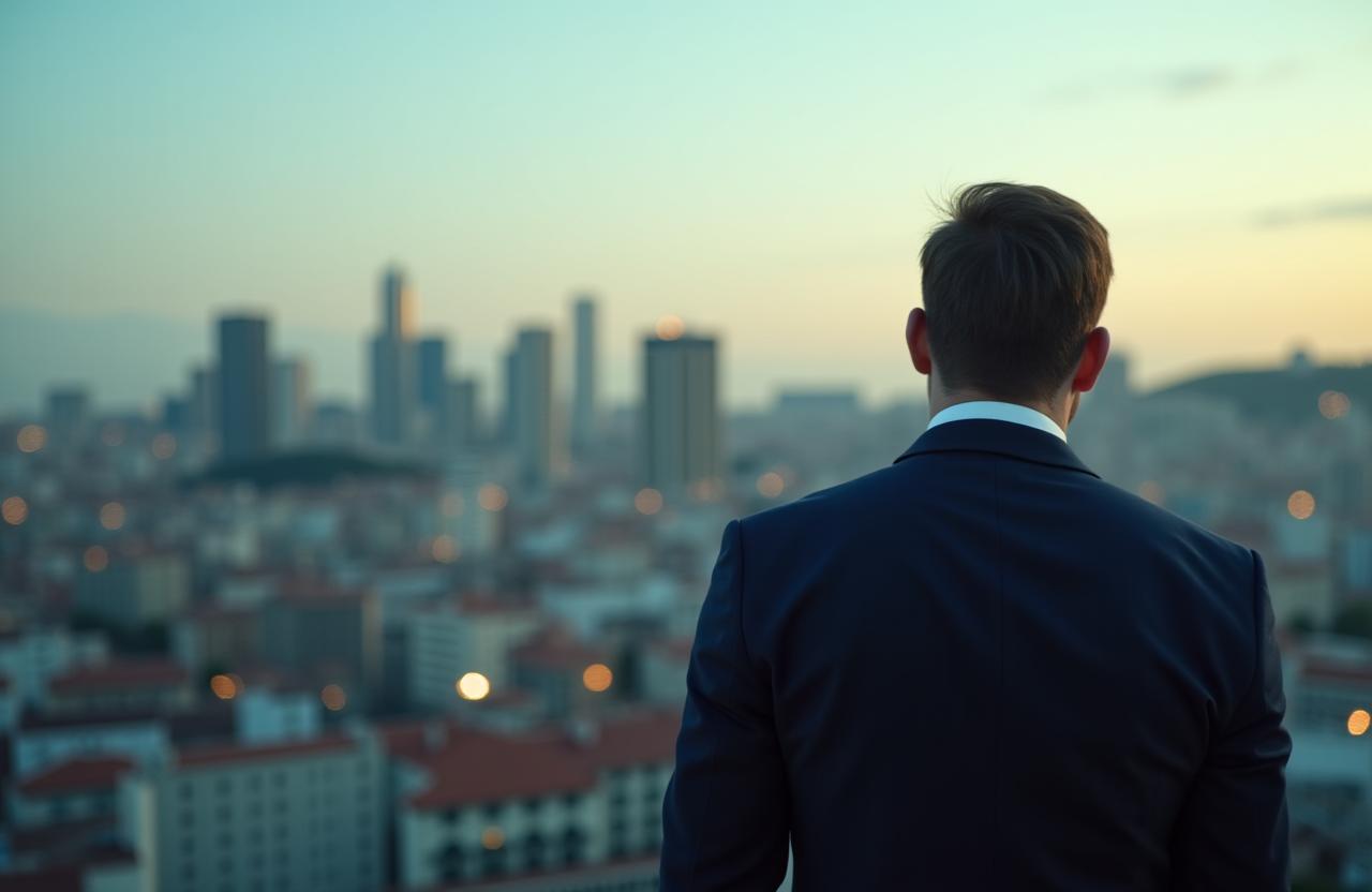 Homem elegante com fato executivo a olhar para a zona empresarial do Porto.